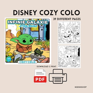 Op de afbeelding: Een digitaal kleurboek getiteld DISNEY COZY COLO met 39 verschillende pagina's. De omslag toont een groen personage in een bruine mantel met een kikker in een woestijnlandschap. Bevat zwart-wit lijntekeningen en een PDF-printerpictogram.