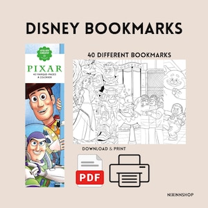 Juego de 40 marcapáginas de Disney Pixar. Páginas para colorear imprimibles.