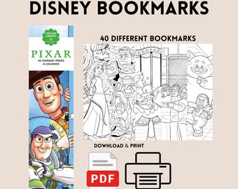 Juego de 40 marcapáginas de Pixar. Páginas para colorear imprimibles.