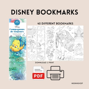 May include: A digital collection of 40 Disney bookmarks for coloring, featuring a colorful Flounder bookmark and several black and white line art designs of various characters. The set includes PDF and printer icons with the text Disney Bookmarks.