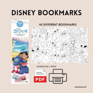 May include: A digital collection of 40 Disney Stitch bookmarks featuring black and white line art designs for colouring. The set includes a vertical colour cover image and multiple printable patterns. Text includes DISNEY BOOKMARKS, 40 DIFFERENT BOOKMARKS, DOWNLOAD & PRINT, PDF, and NIXINNSHOP.