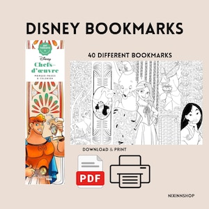 Op de afbeelding: Een digitale collectie van 40 printbare Disney-bladwijzers met zwart-wit lijntekeningen van personages zoals Hercules, Dumbo, Rapunzel en Mulan. De set bevat een PDF-bestandspictogram en een printerpictogram om te downloaden en af te drukken.