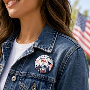 Puede incluir: Un botón circular con el texto AMERICA'S BIRTHDAY 250 en rojo y azul. El diseño incluye ilustraciones de tres figuras históricas, un tambor rojo, fuegos artificiales y una bandera estadounidense de estilo colonial con estrellas en círculo.