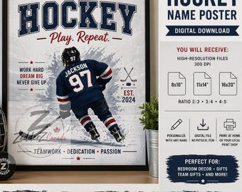 Personalized Hockey Name Poster | Custom Kids Sports Print | Hockey Room Decor | Digital Download | ZedderZCanada