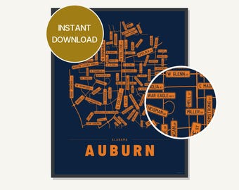 Auburn Alabama Street Map Print, Typography City Wall Art (Digital Download)