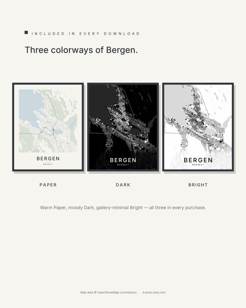 Bergen-Stadtplan als Kunstdruck, Wandbild zum Ausdrucken, Digitaler Download, Minimalistisches Stadtplan-Poster, Skandinavische Deko, Einzugsgeschenk Bild 2