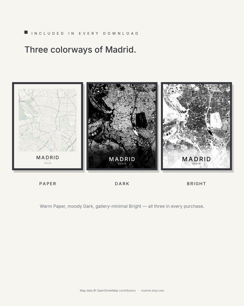 Madrid map wall art — Listing image 02 — colorways