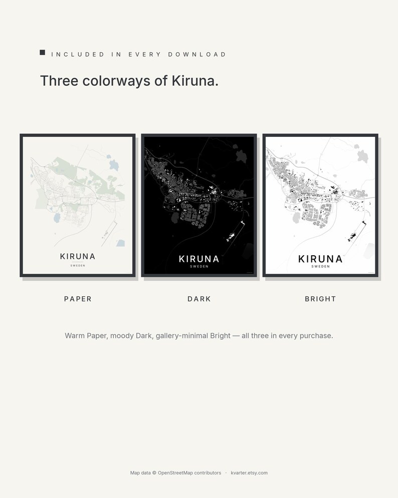 Kiruna Map Print, Wall Art, Printable Digital Download, Minimalist City Map, Scandi Poster, Housewarming Gift image 2