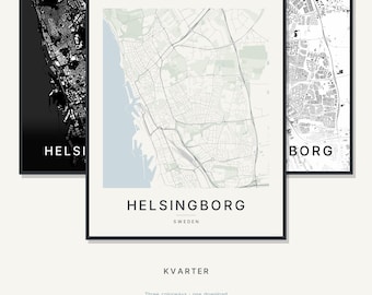 Carte d'Helsingborg à imprimer, affiche minimaliste en téléchargement numérique, style scandinave, cadeau idéal pour une pendaison de crémaillère.