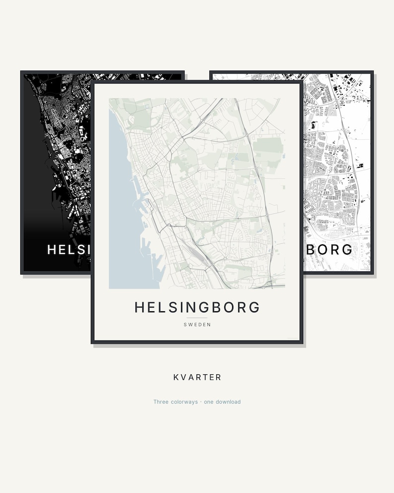 Helsingborg-Stadtplan als Kunstdruck, Wandbild zum Ausdrucken, Digitaler Download, Minimalistisches Stadtplan-Poster, Skandinavische Deko, Einzugsgeschenk Bild 1