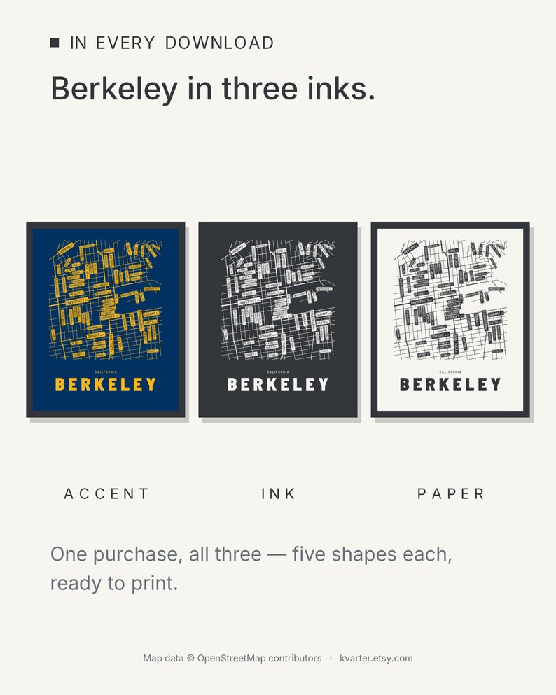 Berkeley map wall art — Listing image 05 — colorways