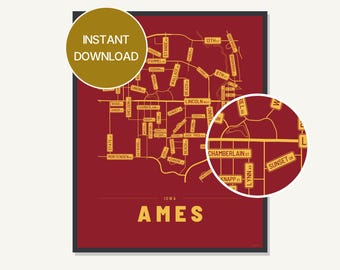 Gatukarta över Ames, Iowa, typografisk stadsväggkonst (digital nedladdning)