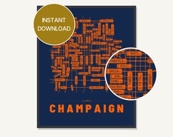 Champaign Illinois Street Map Print, Typography City Wall Art (Digital Download)