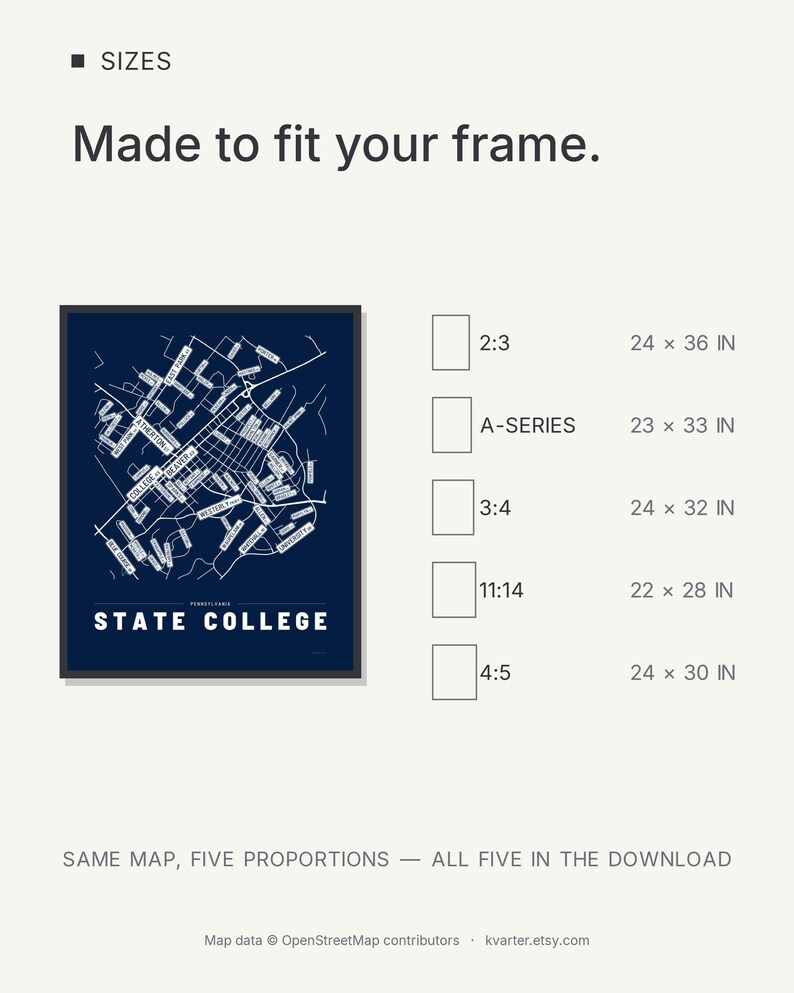 State College map wall art — Listing image 08 — sizes