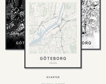 Carte de Göteborg à imprimer, à télécharger, style minimaliste et scandinave, idéale comme affiche ou cadeau de pendaison de crémaillère. Décoration murale et imprimable.