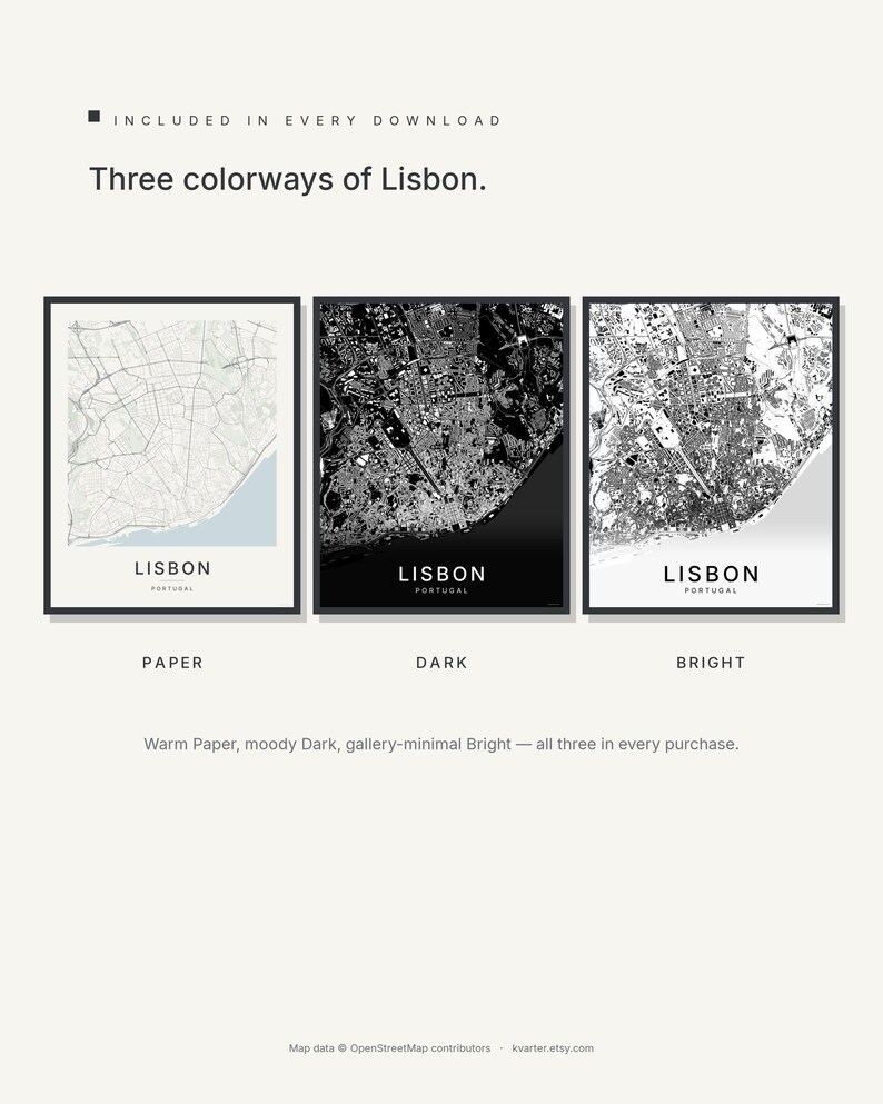Lisbon map wall art — Listing image 02 — colorways