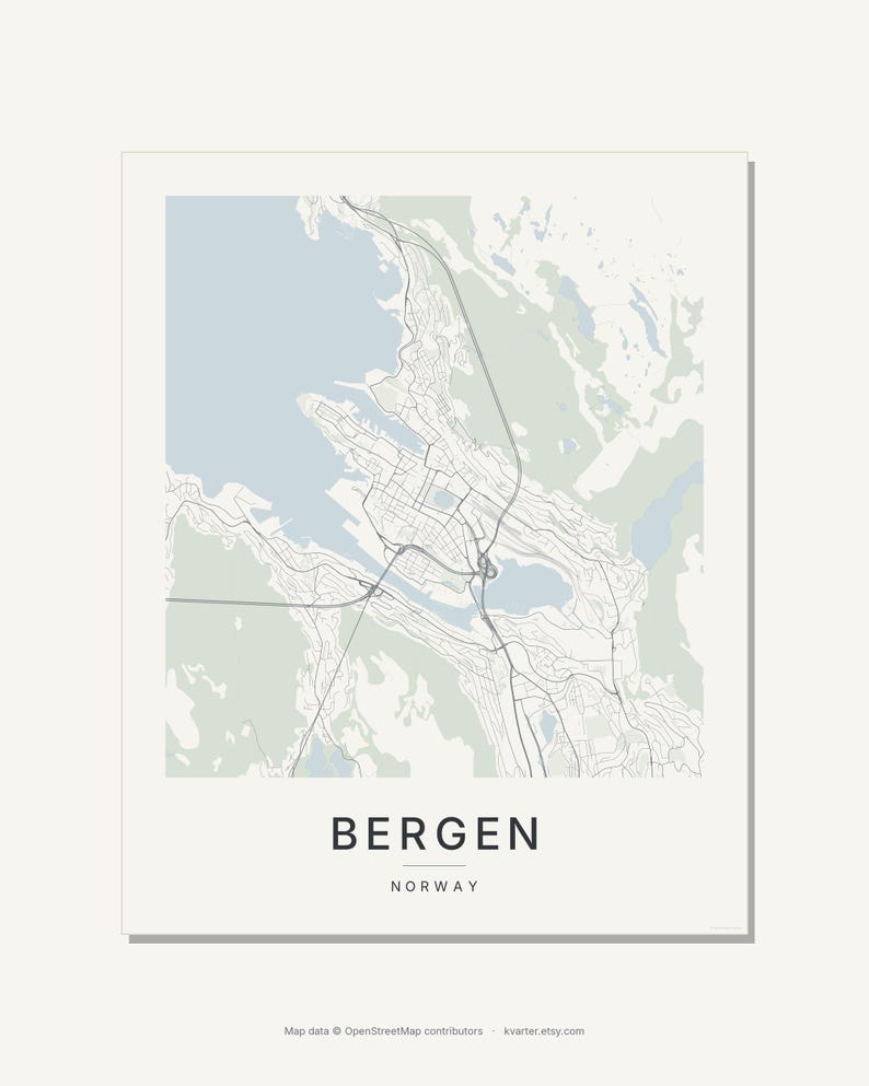 Bergen-Stadtplan als Kunstdruck, Wandbild zum Ausdrucken, Digitaler Download, Minimalistisches Stadtplan-Poster, Skandinavische Deko, Einzugsgeschenk Bild 3