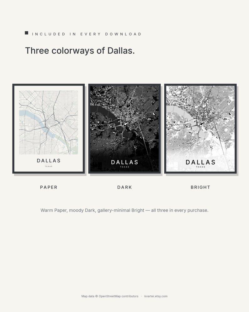 Dallas map wall art — Listing image 02 — colorways