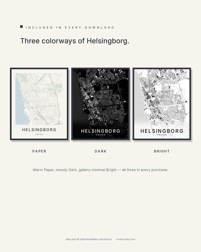 Helsingborg-Stadtplan als Kunstdruck, Wandbild zum Ausdrucken, Digitaler Download, Minimalistisches Stadtplan-Poster, Skandinavische Deko, Einzugsgeschenk Bild 2
