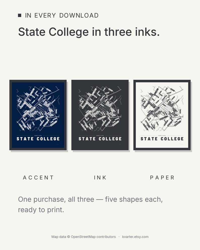 State College map wall art — Listing image 05 — colorways