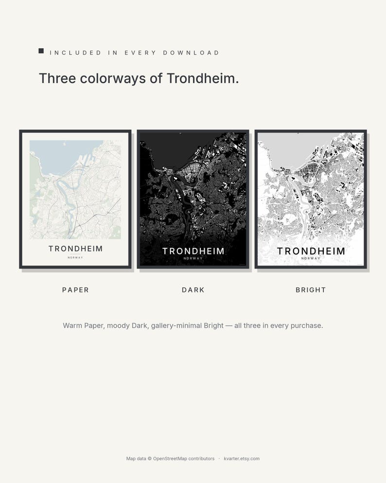 Trondheim map wall art — Listing image 02 — colorways
