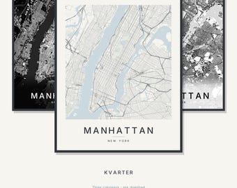 Mapa Manhattanu, wydruk, plakat Manhattan, nowoczesna sztuka ścienna, minimalistyczna mapa miasta, Nowy Jork do druku, pobranie cyfrowe, prezent na parapetówkę