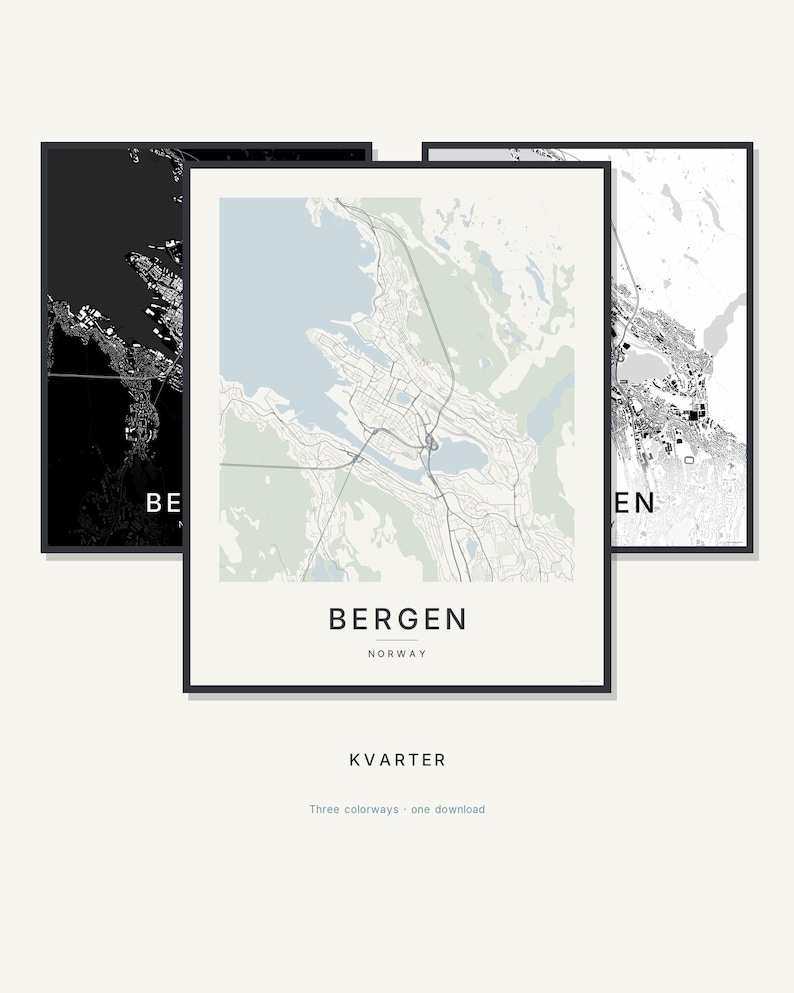 Bergen-Stadtplan als Kunstdruck, Wandbild zum Ausdrucken, Digitaler Download, Minimalistisches Stadtplan-Poster, Skandinavische Deko, Einzugsgeschenk Bild 1