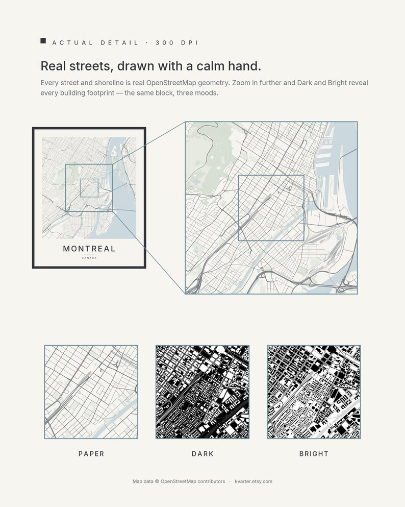 Montreal map wall art — Listing image 06 — sizes
