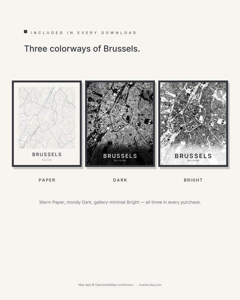 Brussels map wall art — Listing image 02 — colorways