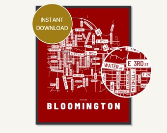 Bloomington Indiana Street Map Print, Typography City Wall Art (Digital Download)