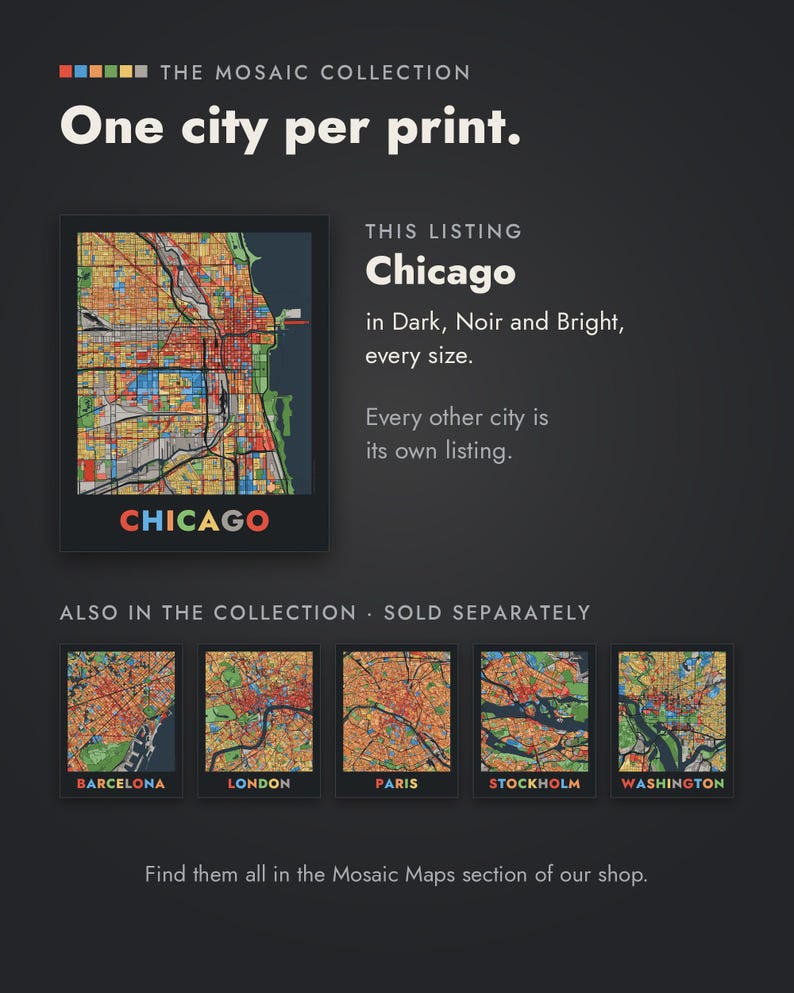 Chicago Illinois Colorful City Map Print, Mosaic Wall Art (digital ...