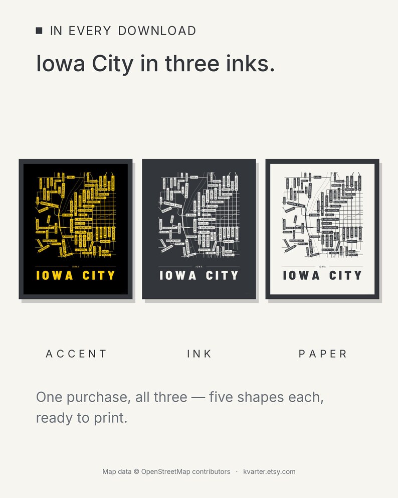 Iowa City map wall art — Listing image 05 — colorways