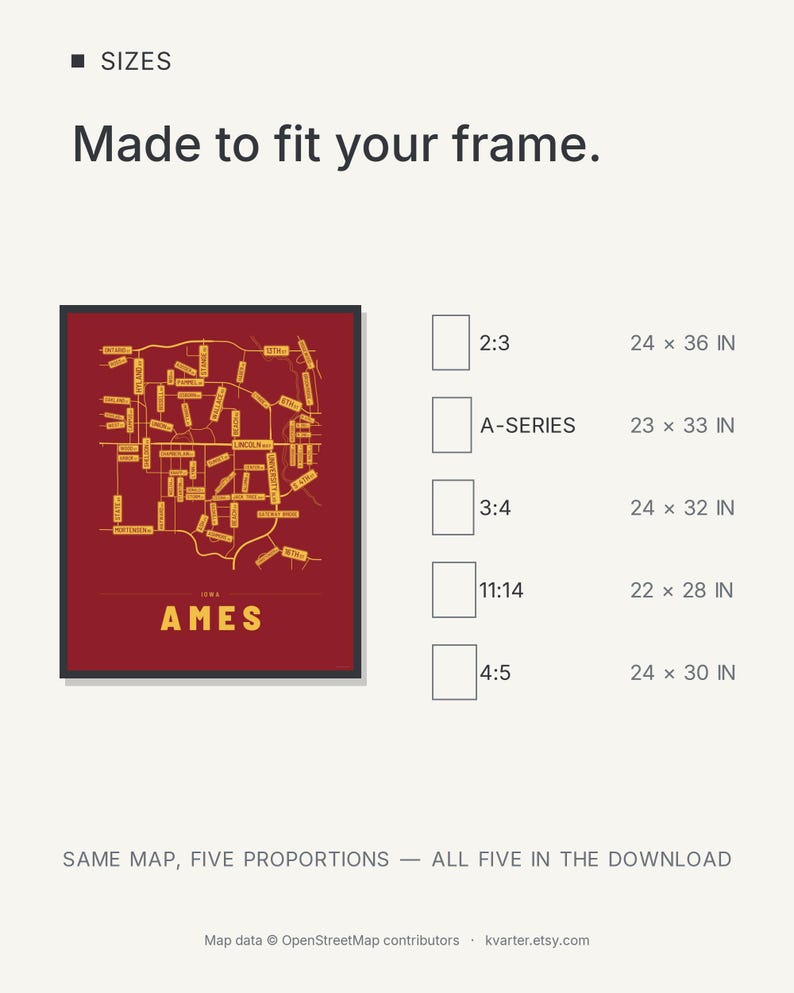 Ames map wall art — Listing image 08 — sizes