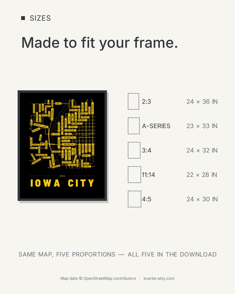 Iowa City map wall art — Listing image 08 — sizes