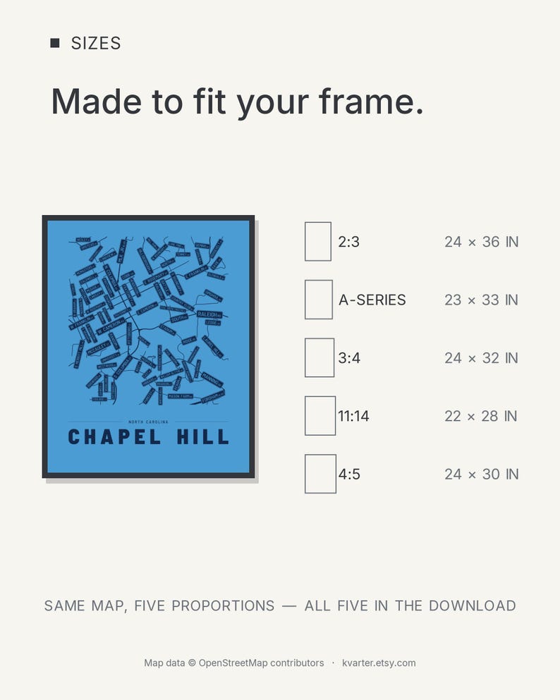 Chapel Hill map wall art — Listing image 08 — sizes