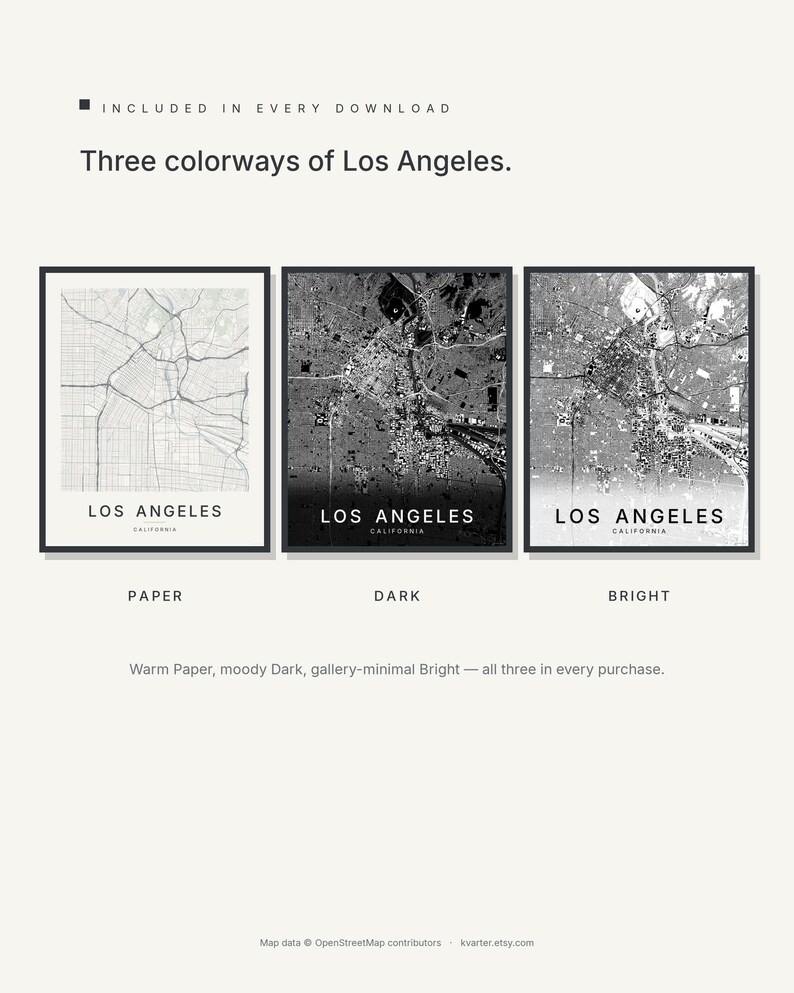 Los Angeles map wall art — Listing image 02 — colorways