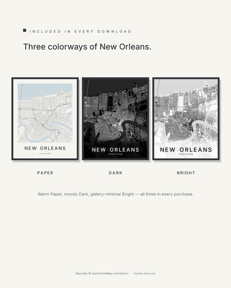 New Orleans map wall art — Listing image 02 — colorways