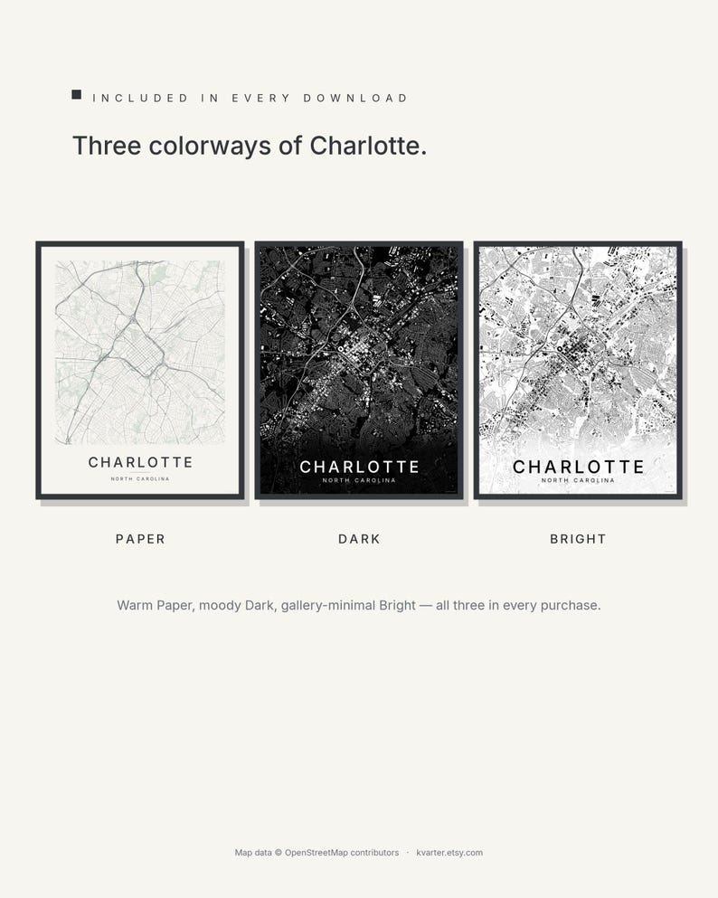 Charlotte map wall art — Listing image 02 — colorways