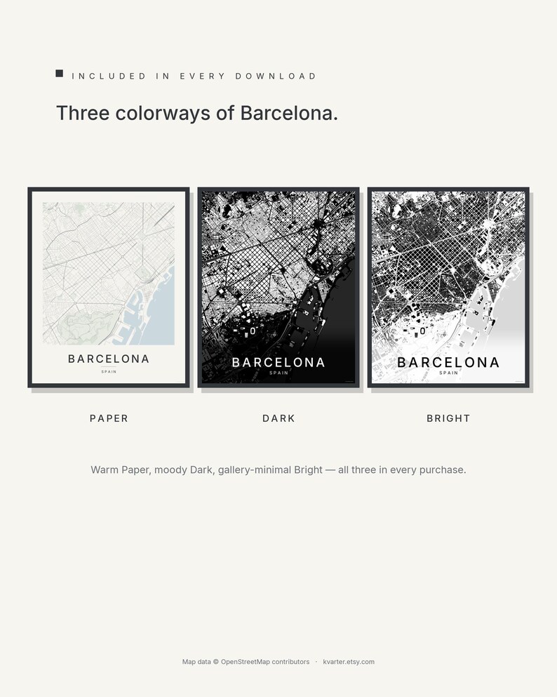 Barcelona map wall art — Listing image 02 — colorways