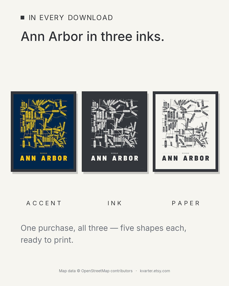 Ann Arbor map wall art — Listing image 05 — colorways