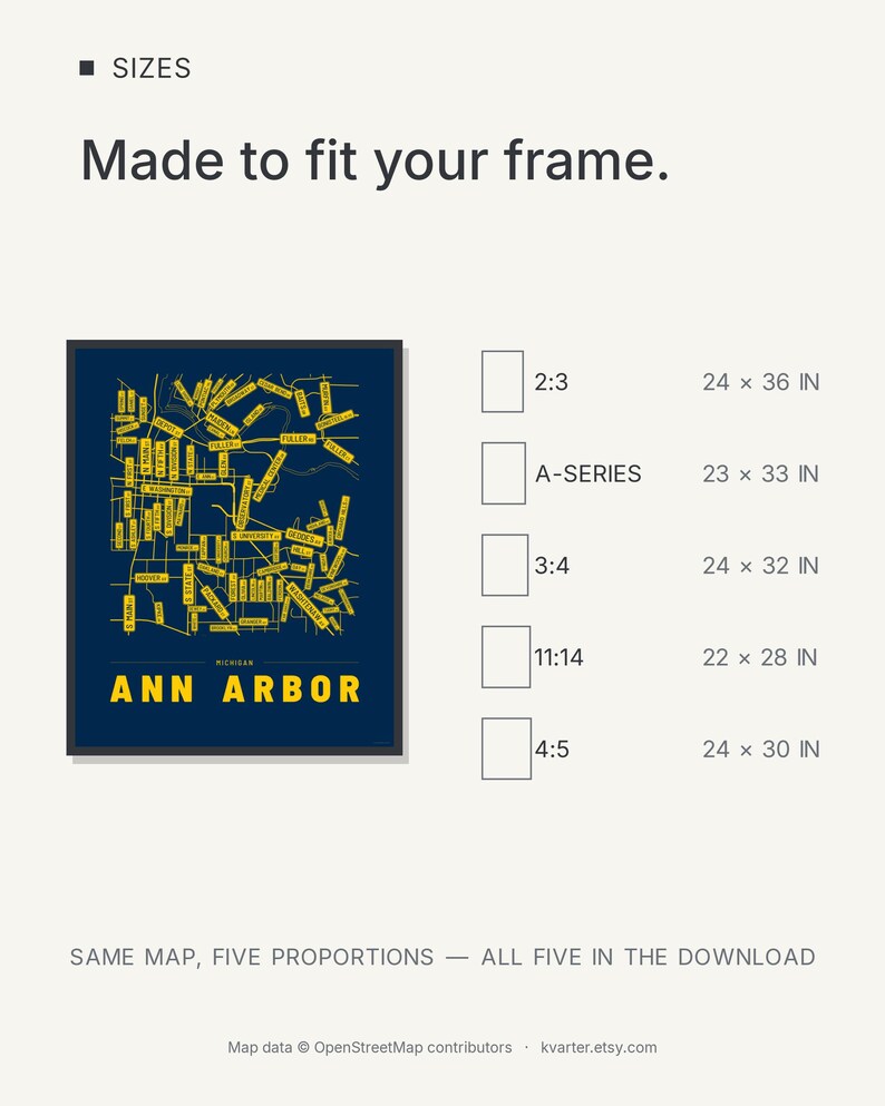 Ann Arbor map wall art — Listing image 08 — sizes