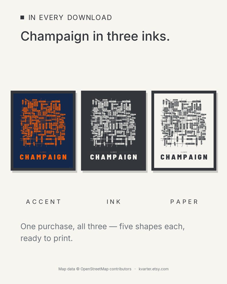 Champaign map wall art — Listing image 05 — colorways