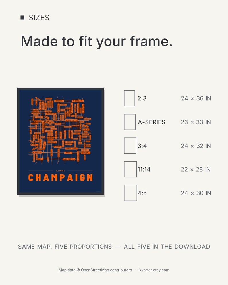 Champaign map wall art — Listing image 08 — sizes
