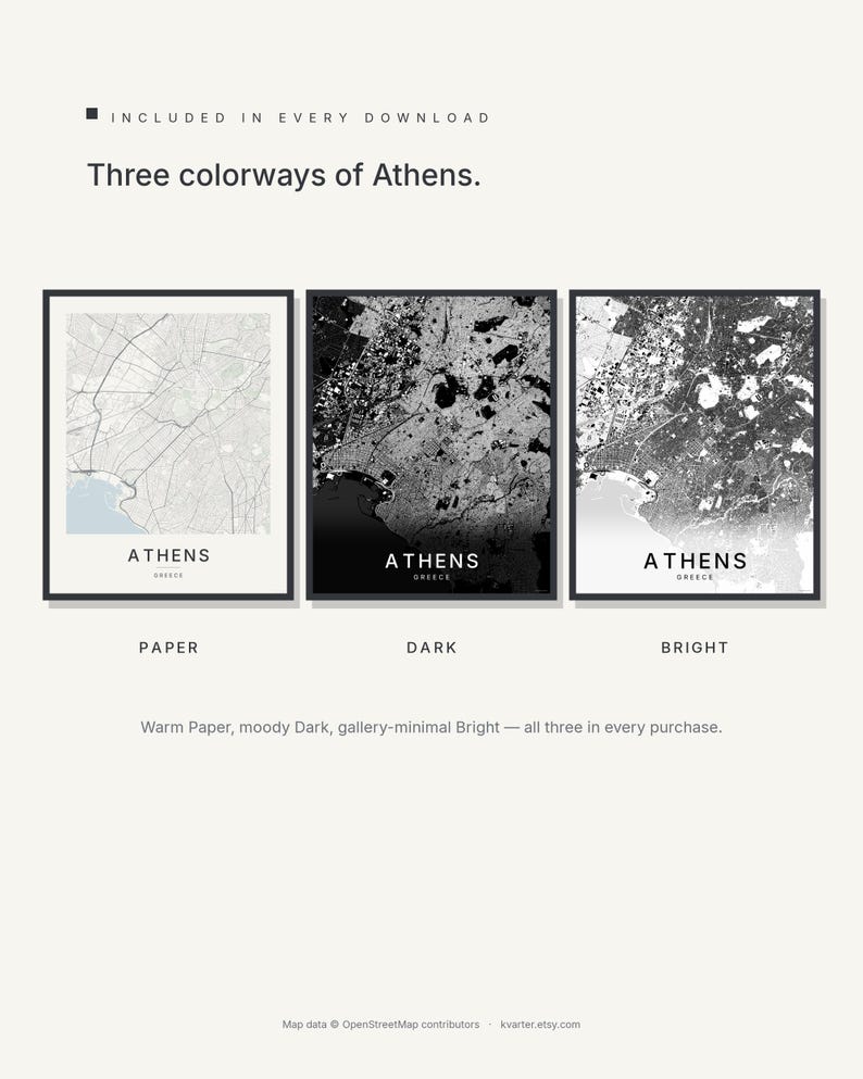 Athens map wall art — Listing image 02 — colorways