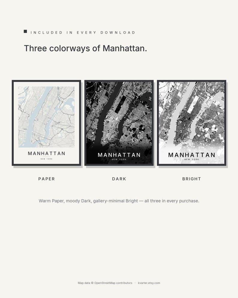 Manhattan map wall art — Listing image 02 — colorways
