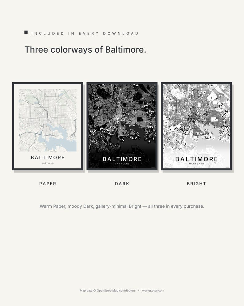 Baltimore map wall art — Listing image 02 — colorways