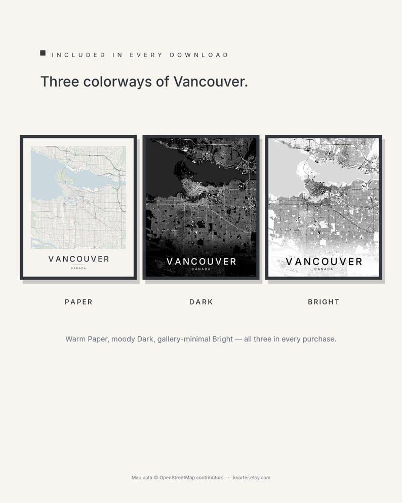 Vancouver map wall art — Listing image 02 — colorways