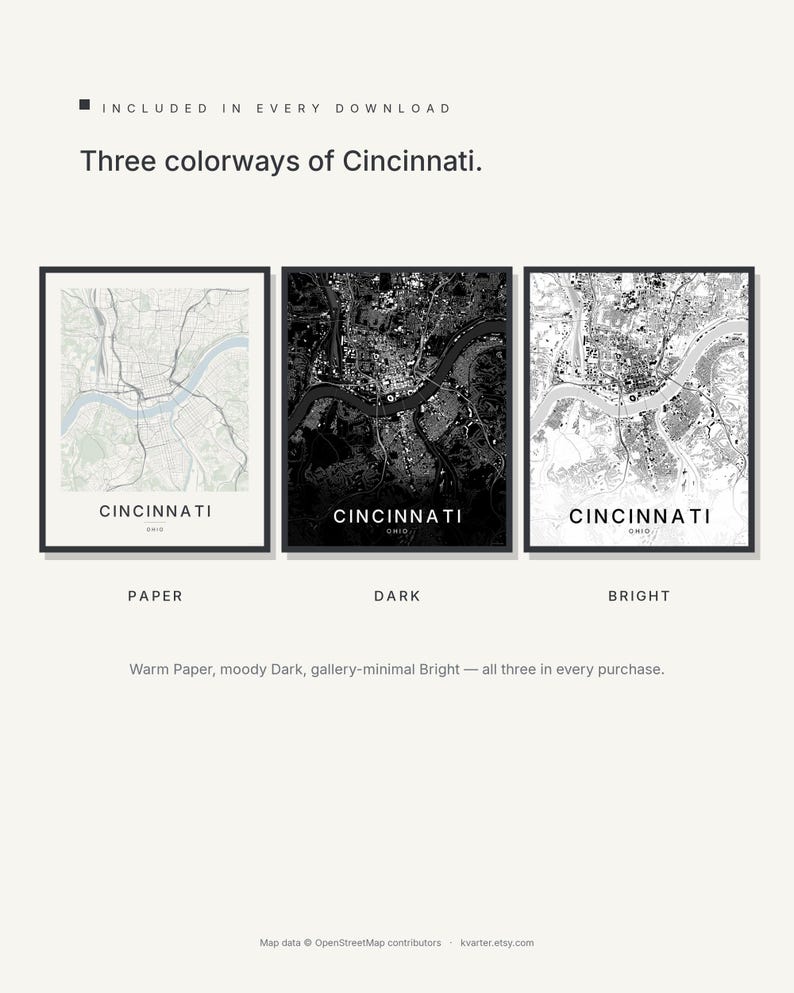 Cincinnati map wall art — Listing image 02 — colorways