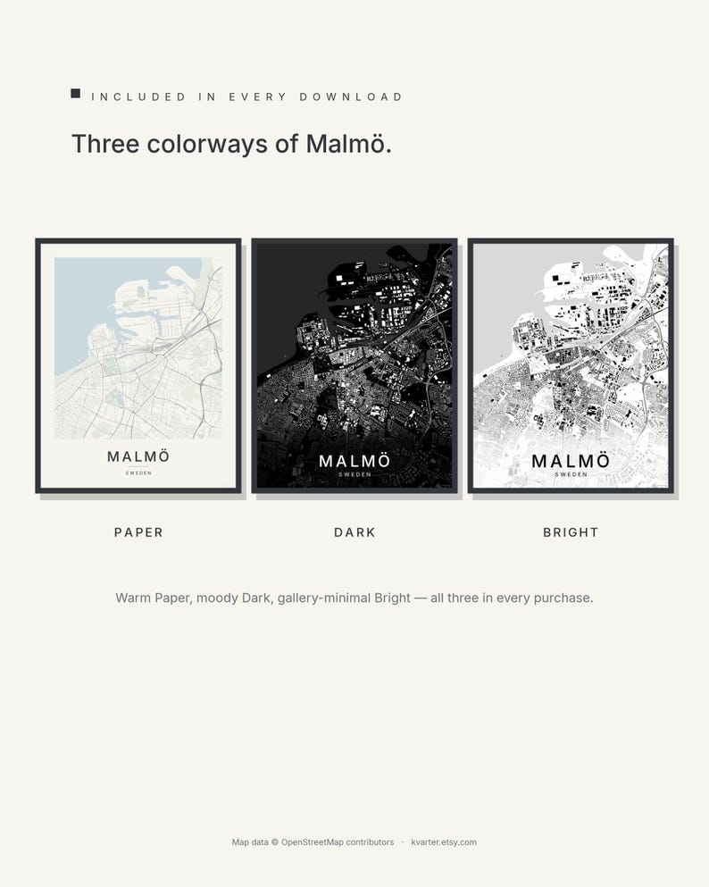Malmö Map Print, Wall Art, Printable Digital Download, Minimalist City Map, Scandi Poster, Housewarming Gift image 2
