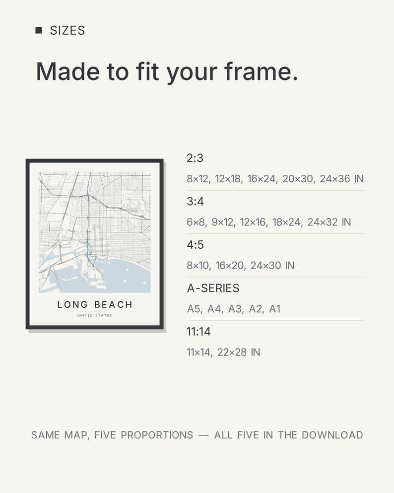 Long Beach map wall art — Listing image 06 — sizes